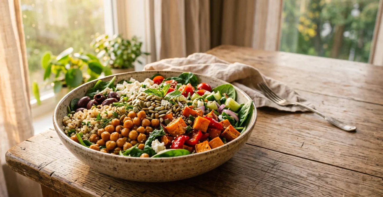 Grand bol de salade méditerranéenne colorée et généreuse composée de légumineuses, légumes grillés et céréales, symbolisant un repas qui cale jusqu'au soir