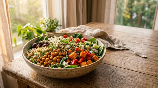 Grand bol de salade méditerranéenne colorée et généreuse composée de légumineuses, légumes grillés et céréales, symbolisant un repas qui cale jusqu'au soir