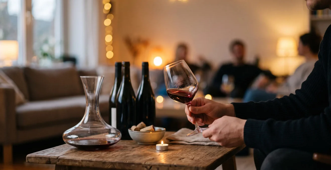 Salon chaleureux amenage en espace intimiste de degustation de vin, verres et bougies sur une table basse