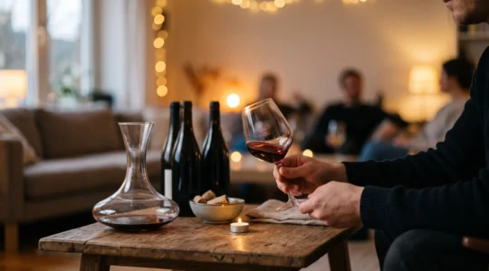 Salon chaleureux amenage en espace intimiste de degustation de vin, verres et bougies sur une table basse