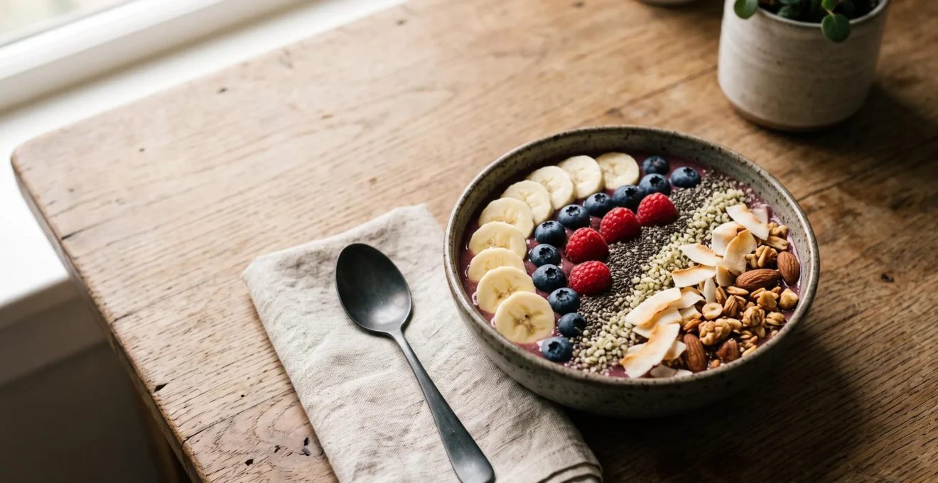 Bol de smoothie bowl coloré et généreusement garni, photographié en lumière naturelle du matin