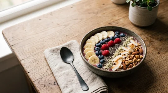 Bol de smoothie bowl coloré et généreusement garni, photographié en lumière naturelle du matin