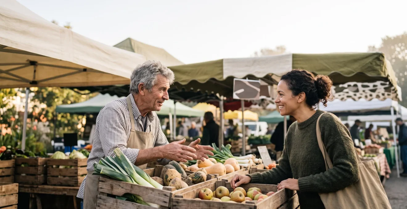 Un consommateur échangeant avec un producteur local sur un marché en plein air, entouré de légumes de saison dans des cageots en bois.