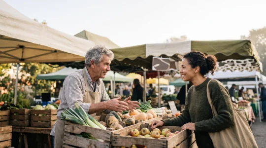 Un consommateur échangeant avec un producteur local sur un marché en plein air, entouré de légumes de saison dans des cageots en bois.