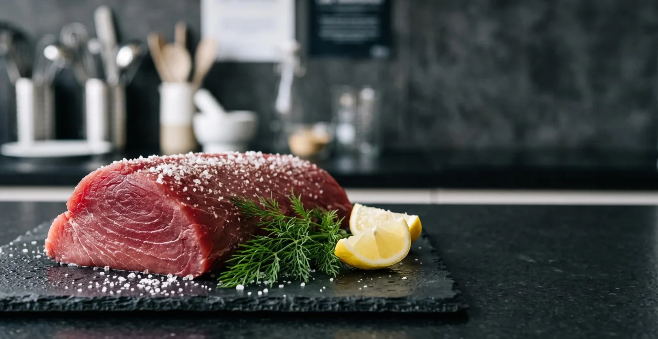 Filet de thon rouge cru en cours de marinade, entouré de sel, de sucre et de zestes d'agrumes sur un plan de travail épuré