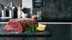 Filet de thon rouge cru en cours de marinade, entouré de sel, de sucre et de zestes d'agrumes sur un plan de travail épuré