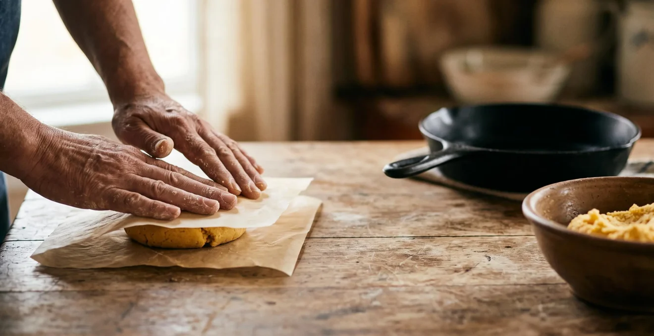 Mains façonnant une boule de pâte de maïs doré entre deux feuilles de papier sulfurisé sur une table en bois rustique