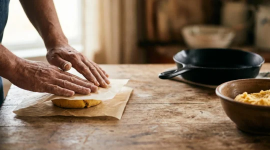 Mains façonnant une boule de pâte de maïs doré entre deux feuilles de papier sulfurisé sur une table en bois rustique