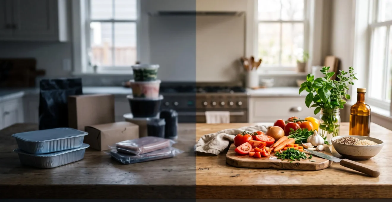 Transition symbolique entre alimentation industrielle et repas fait maison dans une cuisine lumineuse