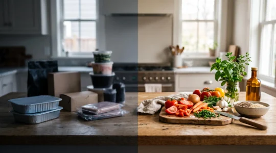 Transition symbolique entre alimentation industrielle et repas fait maison dans une cuisine lumineuse