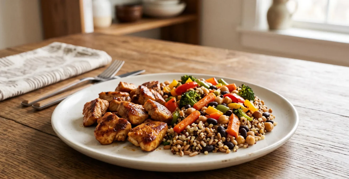 Assiette symbolisant la transition progressive d'une alimentation carnivore vers une alimentation flexitarienne, avec légumes colorés et une petite portion de viande