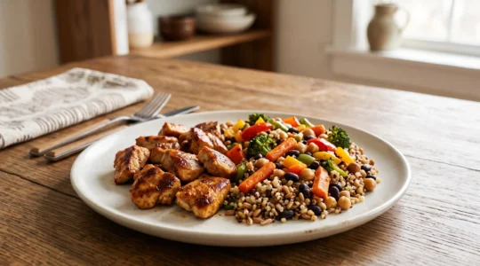 Assiette symbolisant la transition progressive d'une alimentation carnivore vers une alimentation flexitarienne, avec légumes colorés et une petite portion de viande