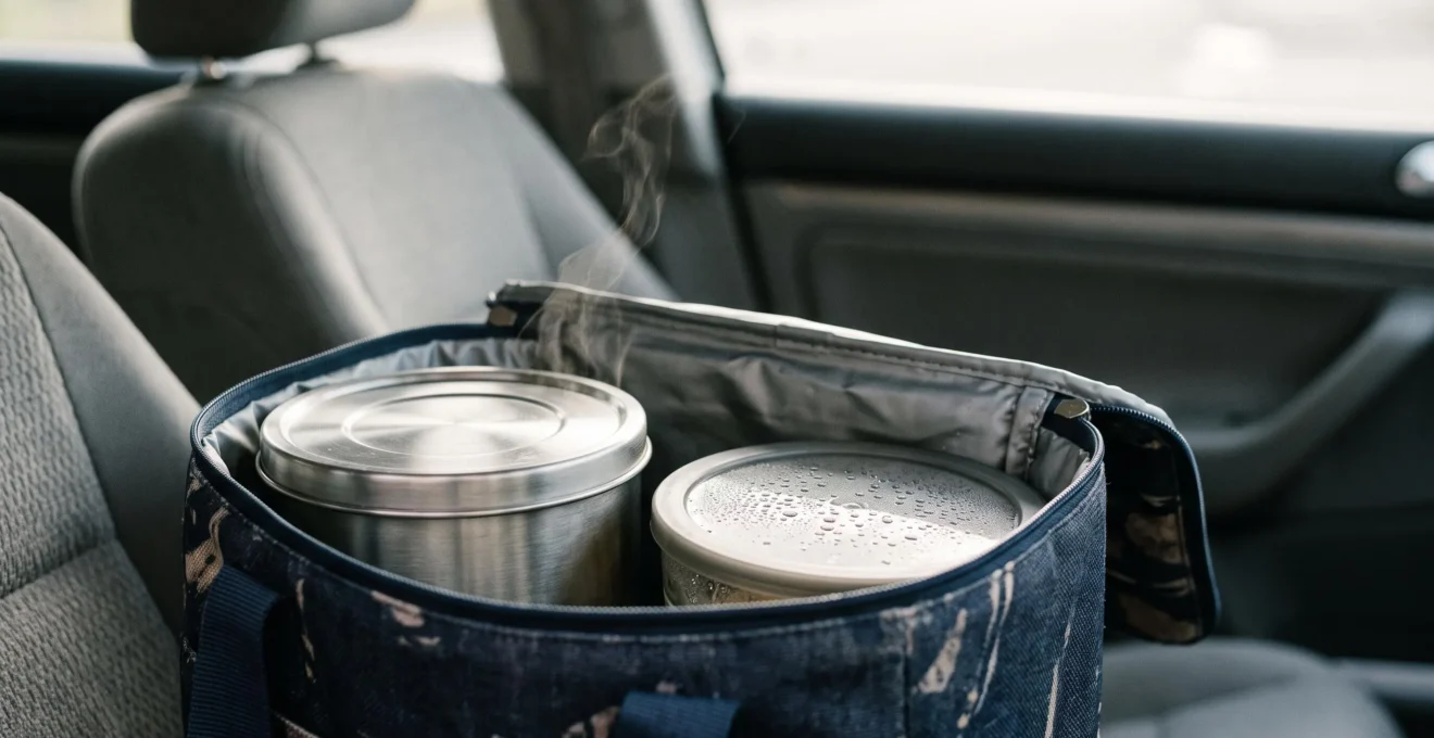 Sac de transport isotherme ouvert laissant apparaitre un contenant en inox entoure de vapeur legere, symbolisant la conservation de la chaleur pendant le trajet