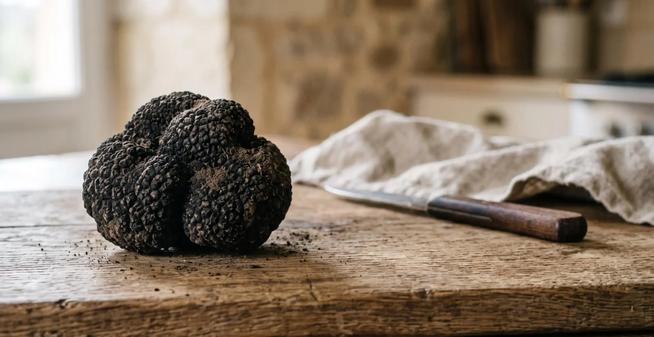 Truffe noire fraîche du Périgord posée sur une planche en bois rustique, entourée d'ustensiles de cuisine flous en arrière-plan