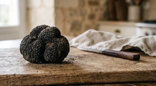 Truffe noire fraîche du Périgord posée sur une planche en bois rustique, entourée d'ustensiles de cuisine flous en arrière-plan