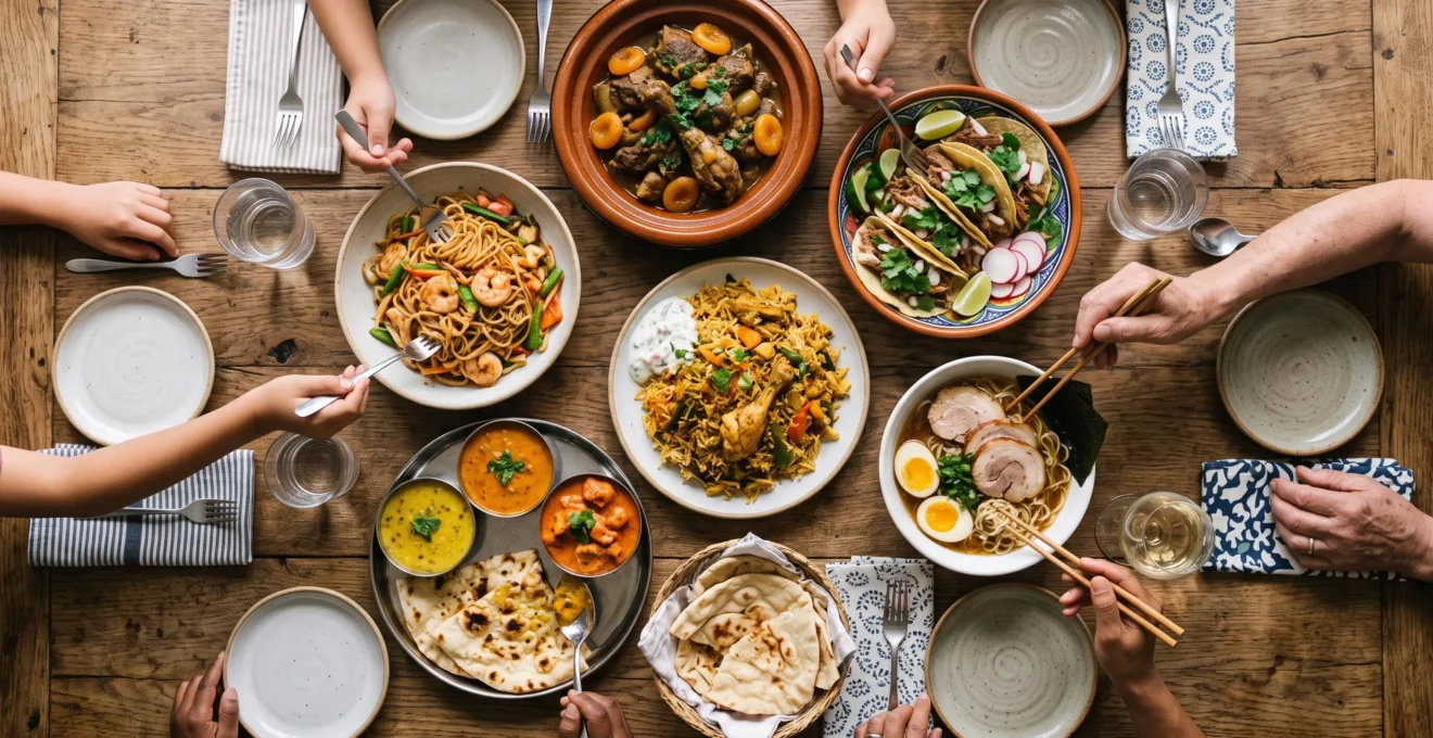 Table familiale vue de dessus avec des plats de différentes cultures du monde disposés en cercle autour d'un globe stylisé