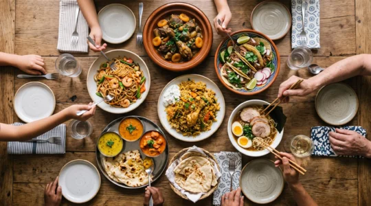 Table familiale vue de dessus avec des plats de différentes cultures du monde disposés en cercle autour d'un globe stylisé